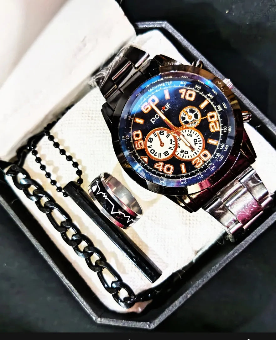 Pack Of 4 Top Fashion Men's Business Watch Deal -Elegant Mens Casual Watch +Chain Braclete +Heart Beat Ring
