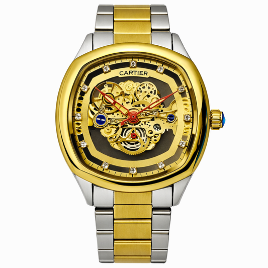 Luxury Skeleton Automatic Watch – Two-Tone Gold & Silver